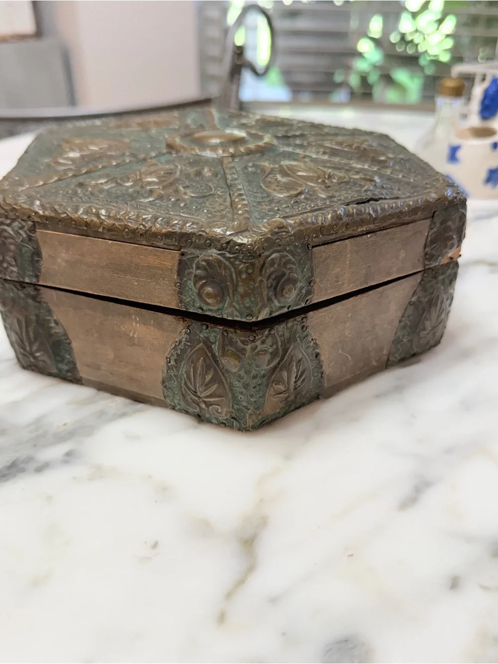 Antique Brass & Wood Ornate Hexagonal Decorative Trinket Box from Czech Republic